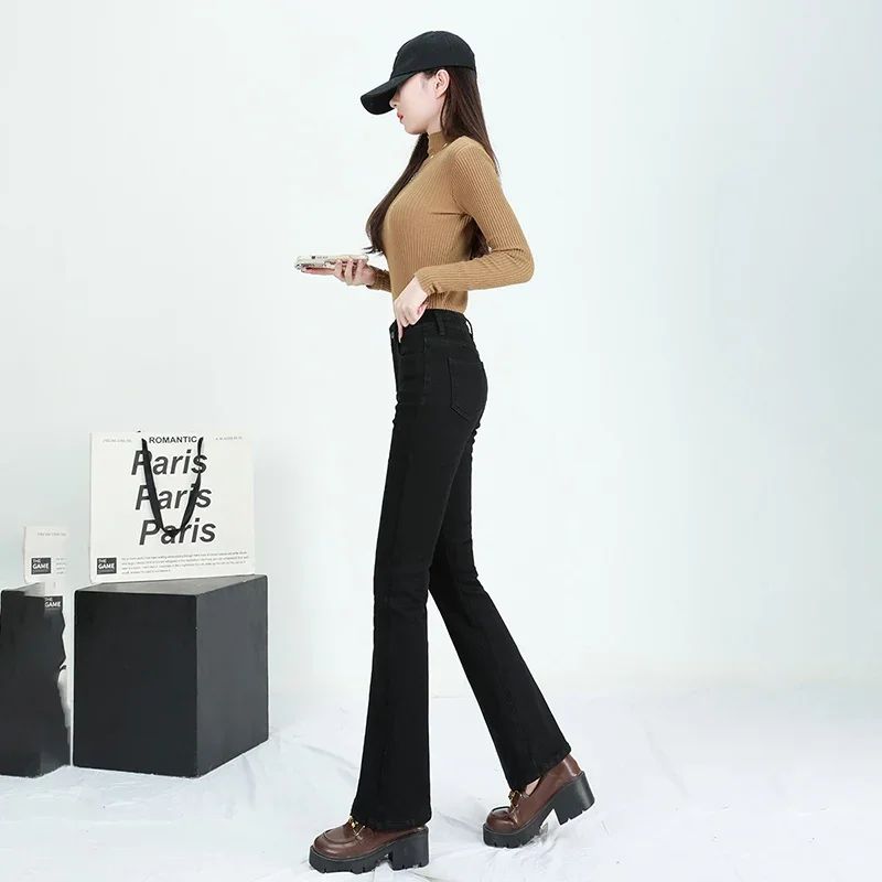 Winter Female Thin Snow Warm Plush Jeans Lady Chic Fleece Flared Pants Girls Korean High Waist Straight Leg Denim Trousers