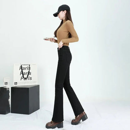 Winter Female Thin Snow Warm Plush Jeans Lady Chic Fleece Flared Pants Girls Korean High Waist Straight Leg Denim Trousers