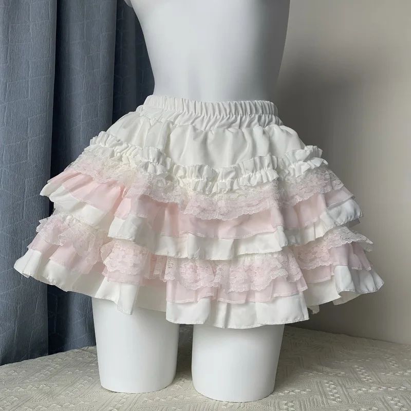 Pink Lace Puffy Skirt Women's Sweet High Waist A- Line Mini Skirt Ballet Style Short Skirt Anti-Light Walking Slimming Effect