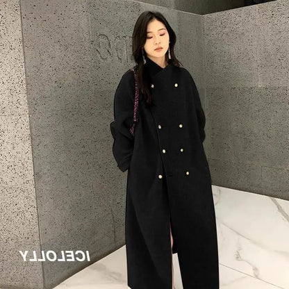 Light Grey Woolen Coat Women's Long Loose Korean Style Fashionable Autumn Winter New Arrival Polyester Fiber Full Sleeve