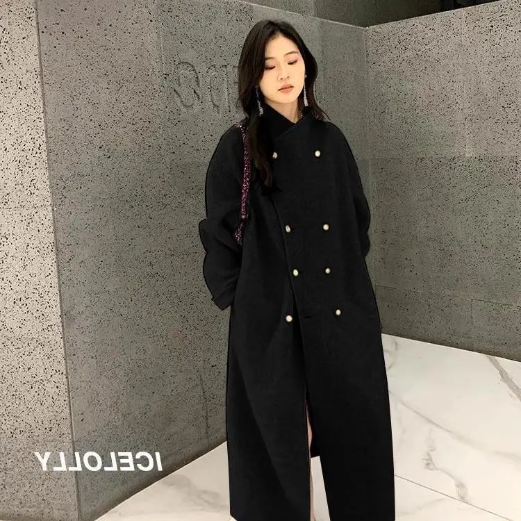 Light Grey Woolen Coat Women's Long Loose Korean Style Fashionable Autumn Winter New Arrival Polyester Fiber Full Sleeve