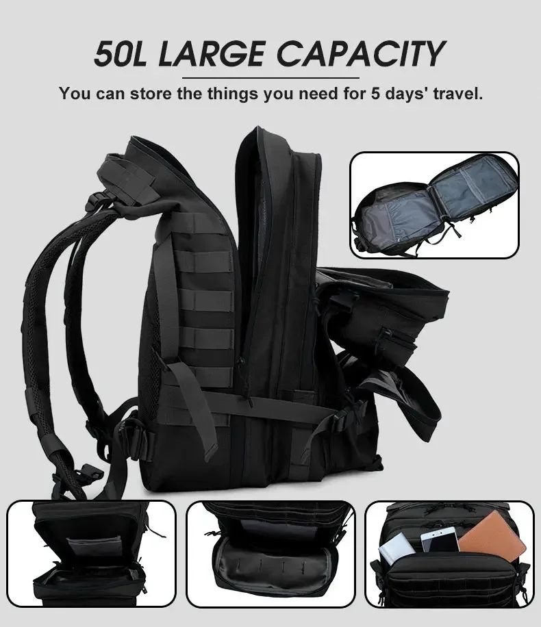 Mochila Tática Militar de 60L Masculina para Viagem, Grande Capacidade, Impermeável, Esportiva ao Ar Livre, Bolsas Multifuncionais