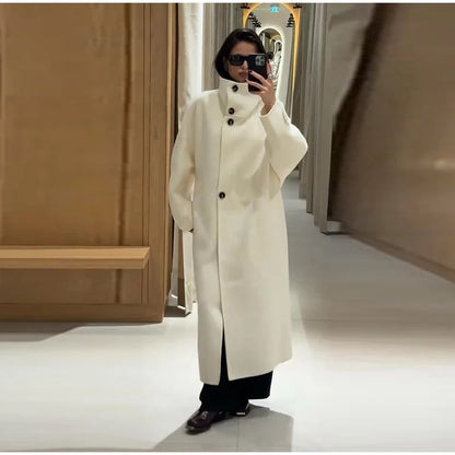 Stand Collar Single Breasted Split Long Coat Women Oversize Elegant Long Sleeve 2025 Autumn Female Outerwear Office Overcoat