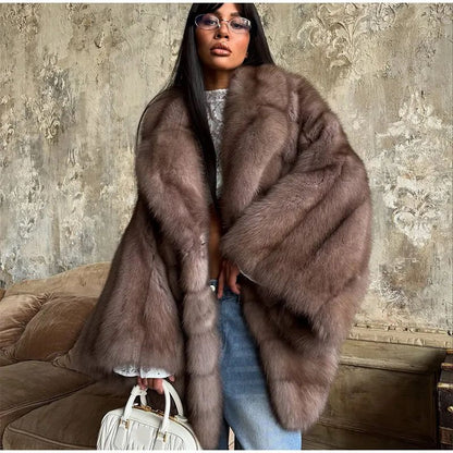 Women Patchwork Faux Fur Coat Elegant Contrast Full Sleeve Lapel Loose Long Staple Plush Jacket Winter High Street Outerwears