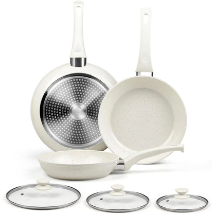Ceramic Nonstick Frying Pan Set - White Pans With Lids, Induction Skillets for Eggs & Omelets, Healthy No Toxic Cookware,