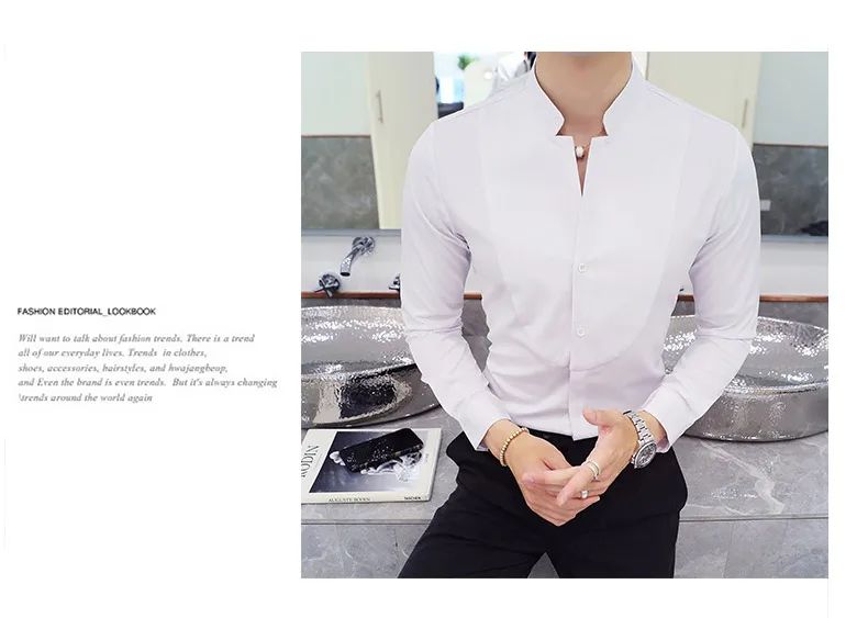 Black Men Long Sleeve Shirt, White Single Breasted Collar Stretch Shirts, Red Fashion Slim Top,Asian Size M-5XL(Korean Slim Fit)