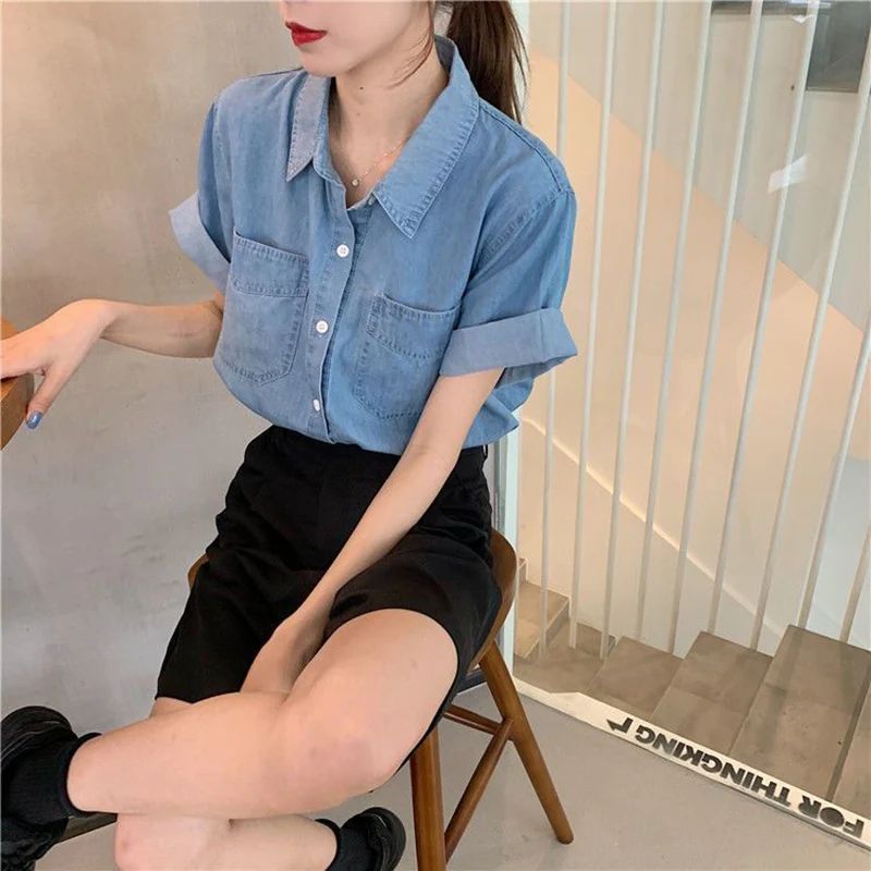 Summer Korean Denim Short Sleeve Shirt Women 2025 Pockets Loose Turn Down Colllar Shirts Woman Chic Single Breasted Jeans Blouse