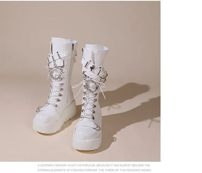 Platform Boots Riveted Buckle Wedges High Women's Boots Punk Spice Chic Biker Rider Boots