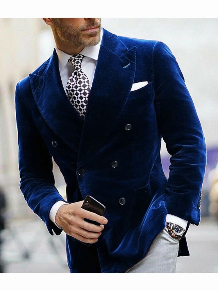Velvet Double Breasted Blazer for Men Dinner Party Italian Style Smoking Prom Jacket Elegant Jacket for Wedding Party 2025