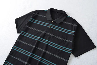 Men's Polo Shirt Button Up Polos Business Casual Lapel Short Sleeve T Shirt Summer Regular Fit Red Black Polo Stripe Shirts