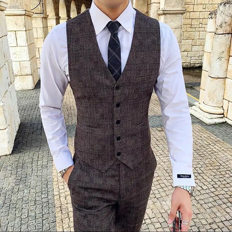 Dark Blue Men's Suit Three Piece, Business Casual Jacket and Vest with Trousers, Gray Dark Brown Slim Fit Sets, Asian Size
