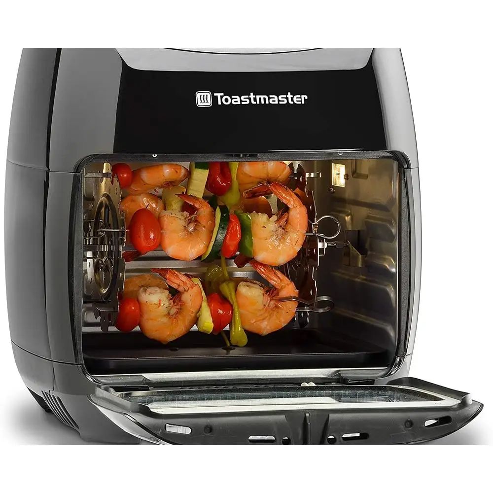 Fritadeira de Ar Digital Rotativa Cozimento Saudável 8 Opções Predefinidas 3 Grelhas 10 Espetos de Churrasco Bandeja de Gotejamento Receitas Incluídas
