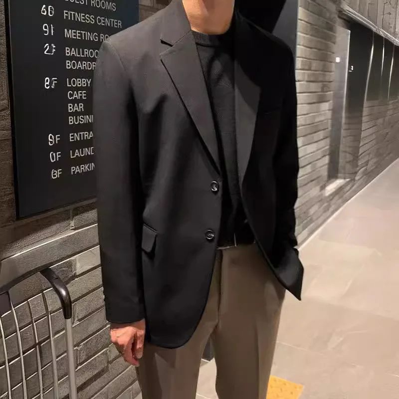 Korean Men's Casual Blazer Western-style Loose-fit Black Single-breasted Jacket Autumn Trendy Dongdaemun Style Clothes