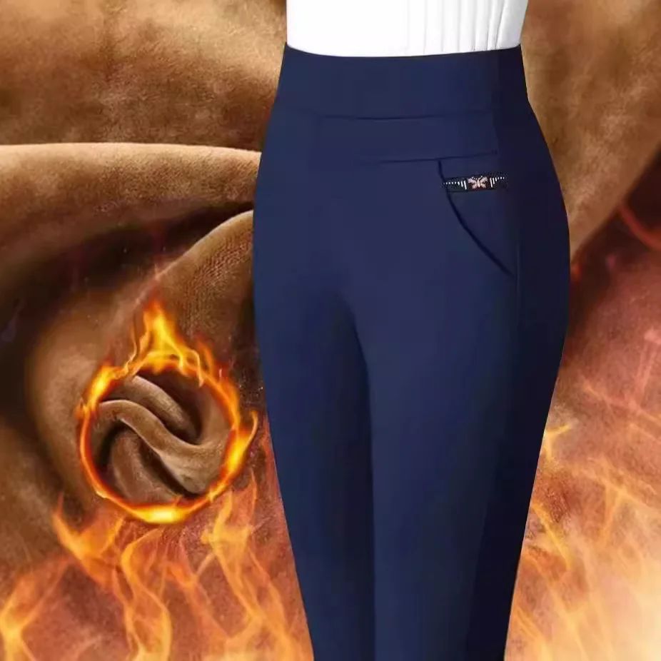 High Waist Thickened Fleece Elastic Straight Leg Pants plus Size Slimming Mom Jeans for Older Women Autumn Winter Trousers