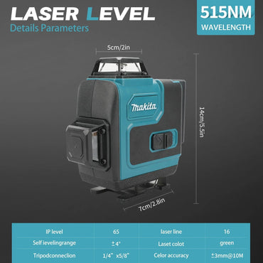 Makita Green Laser Level: 4×360° Lines, 5000mAh Battery, Self-Leveling & Manual Modes, 8H Runtime for Construction & Layout Work