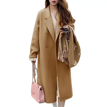 Women Coat Double-Breasted Mid-length Outerwear Lapel Stylish Warm Mid-Length Double Pockets Winter Coat Lady Accessories
