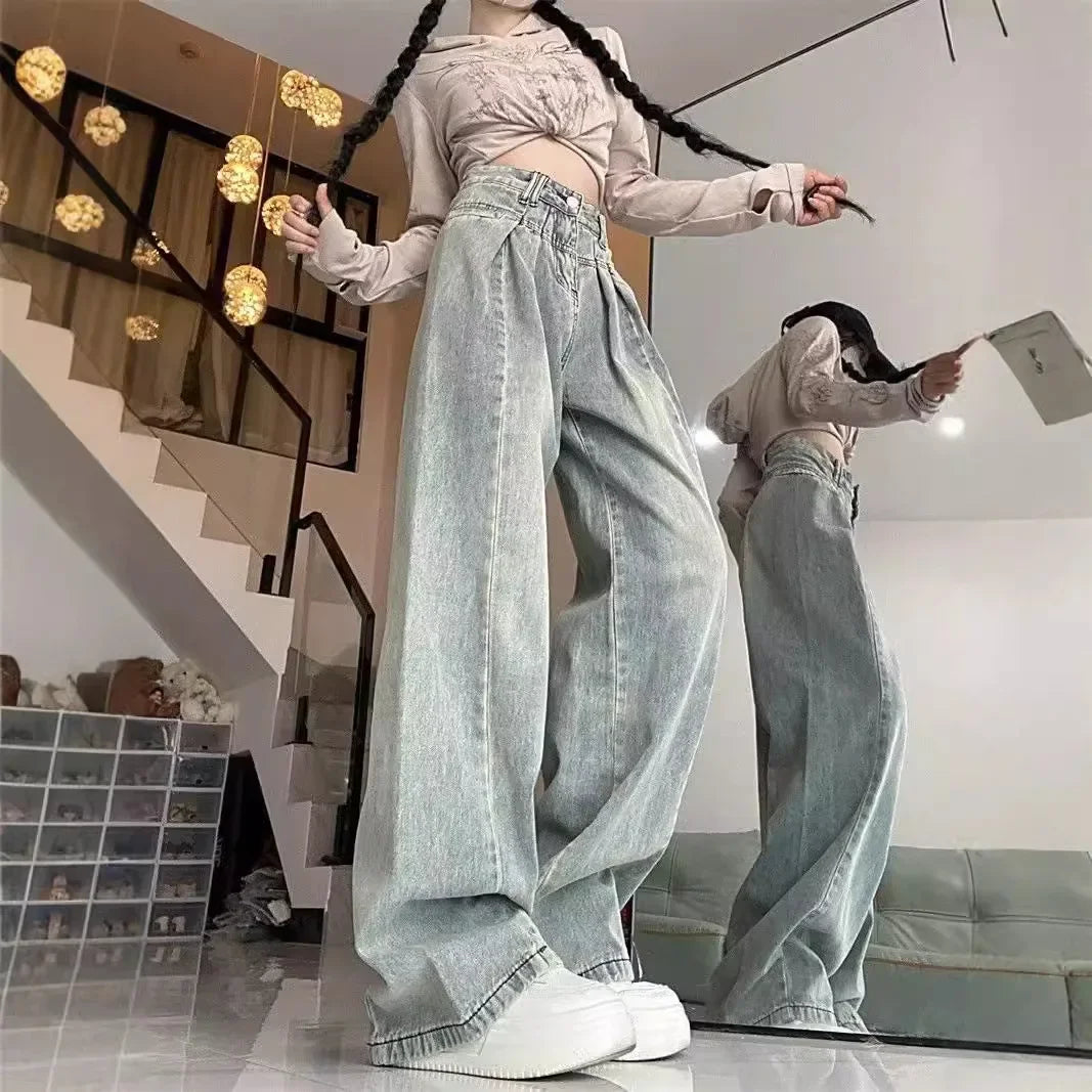 Vintage Light Blue Rugged Jeans Women's Loose-fit High-waisted Slimming Straight-leg Denim Trousers New Autumn Collection