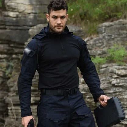 Men Outdoor Hooded Collar Shirt Tactics Hiking Combat T-Shirt Men Tactical Shirts Airsoft Paintball Camping Hunting Clothing