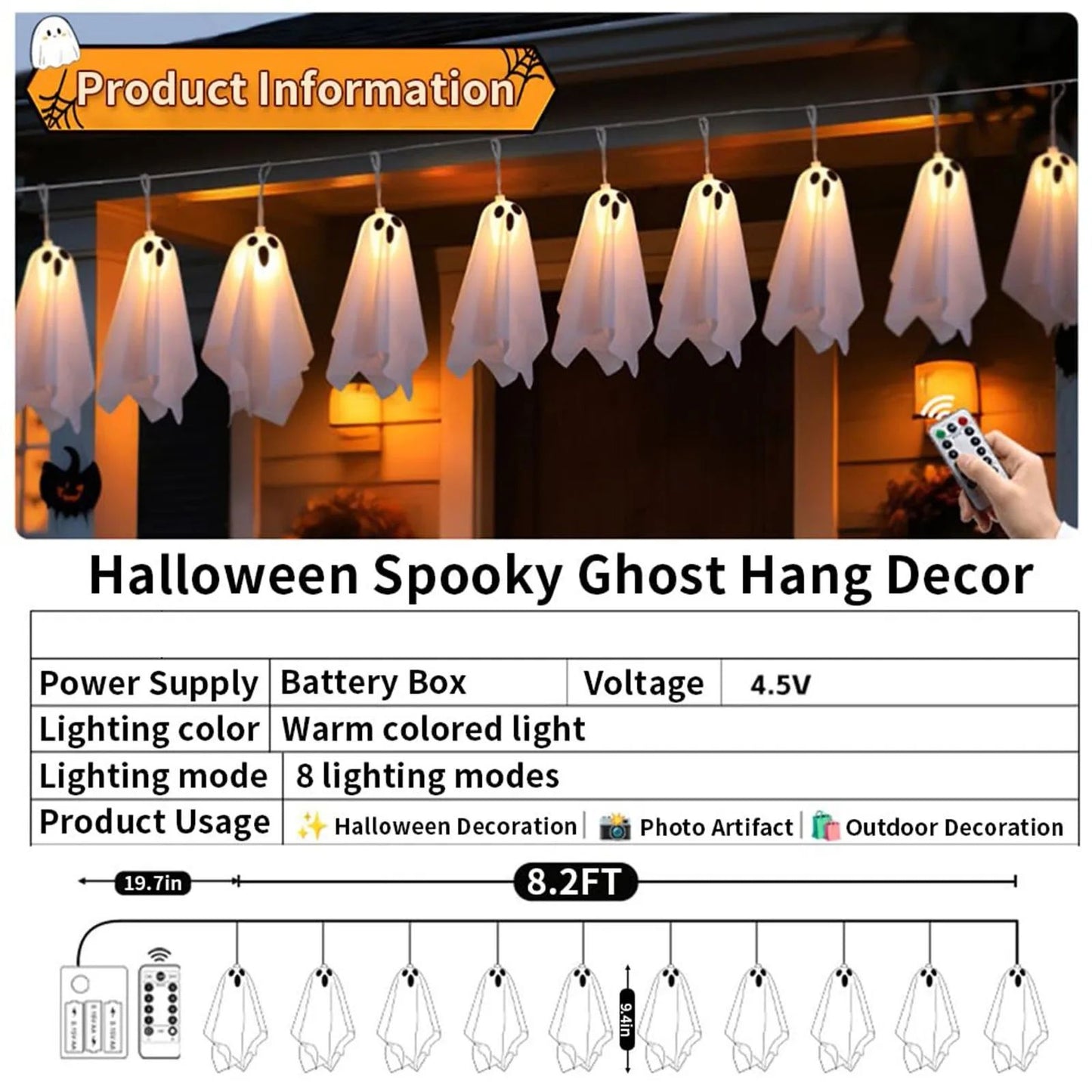 Luzes de Halloween de Fantasma, Guirlanda de Corda à Prova d'Água com 8 Modos, Decorações Internas e Externas para Festa, Casa Assombrada, Lareira, Varanda