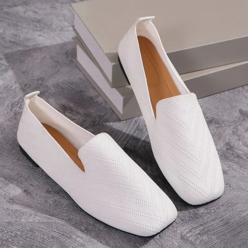 2025 Solid Color Square Toe Mesh Loafers Shallow Women Flats Shoes Soft Bottom Knit Ballet Flats Shoes Casual Slip on Shoes