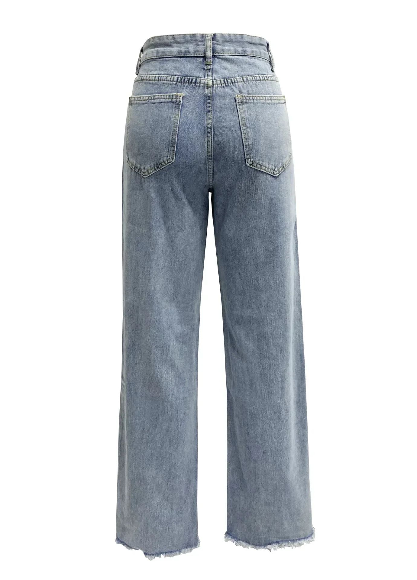 Women Denim Tassel Wide Leg Pants Jeans Washing Loose Fit Mid Waist Pockets Zipper Fly Solid Color Ankle Length Pants Basics