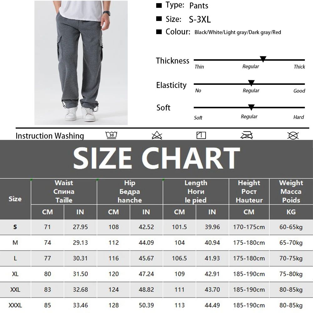 Calças de Moletom Masculinas Reta Casual Outono Inverno Calças Masculinas de Corrida Jogger Esportivas para Academia Calças Lisas com Vários Bolsos