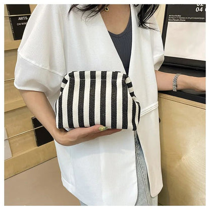 Summer Woven Crochet Striped Women's Handbag Large Capacity Knitted Beach Evening Bag Casual Ladies Colorblock Niche Cloud Bag
