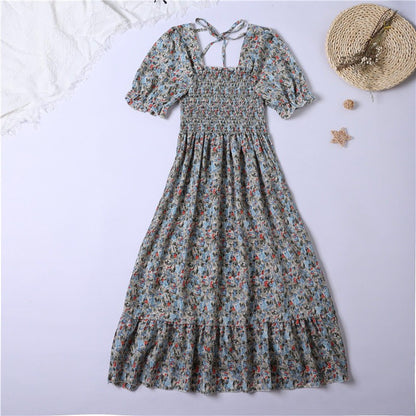 Summer Pleated Women Chiffon Dresses Casual Beach Holiday Short Sleeve Square Co