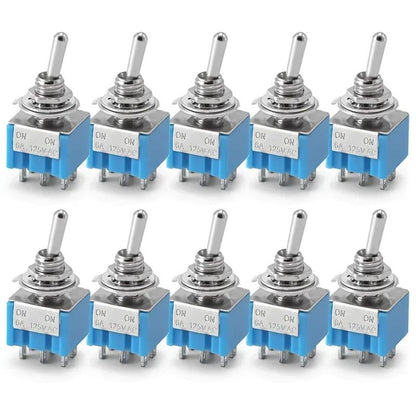 10Pcs Light Blue Miniature Toggle Switch MTS-102/103/202/203 3 Pin 6 Pin Rocker Power Switch ON-OFF-ON / ON-OFF Waterproof Cap