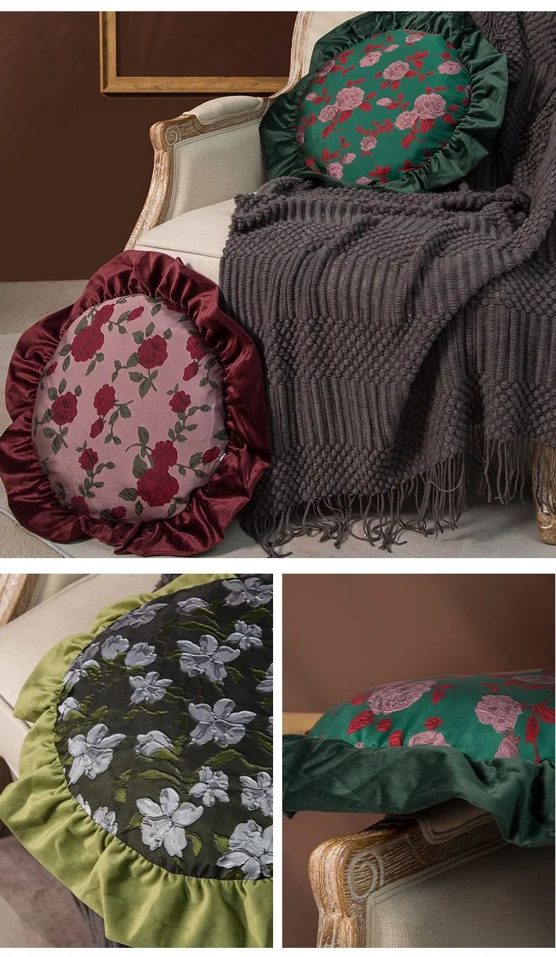 Removable Washable American Light Luxury Sofa Flower Pillow Homestay Round Cushion Retro Ruffle Edge Red Pillow  Throw Pillows