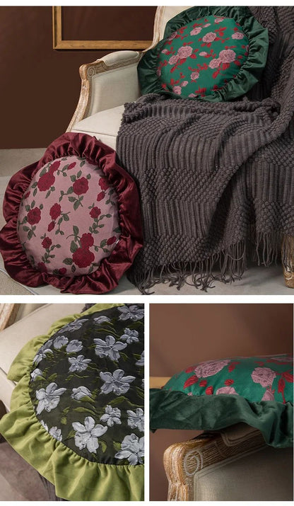 Removable Washable American Light Luxury Sofa Flower Pillow Homestay Round Cushion Retro Ruffle Edge Red Pillow  Throw Pillows