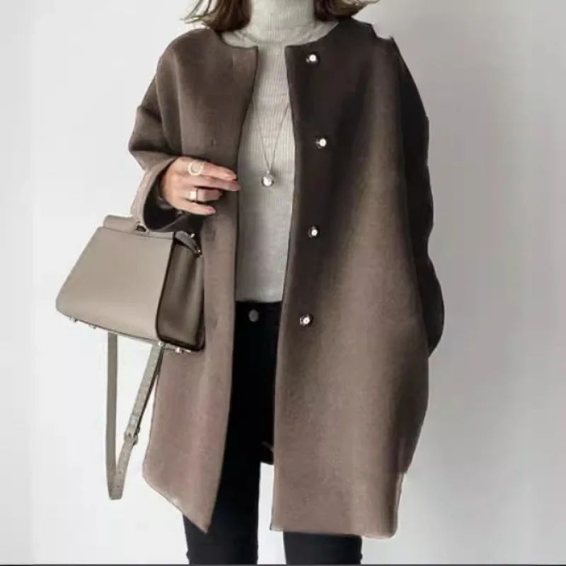 Elegant Three-Color Straight-Leg Coat for Women Loose Fit Pure Color Simple Design Autumn Winter Outerwear Female Top