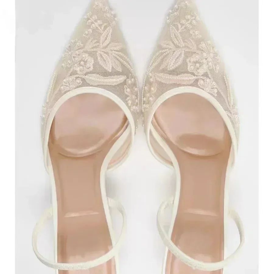 Elegant Mesh Embroidered Flowers Designer Heeled Sandals Women 2025 Summer Sexy Slingback Pointed Toe Thin High Heels Dress Shoe