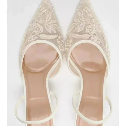 Elegant Mesh Embroidered Flowers Designer Heeled Sandals Women 2025 Summer Sexy Slingback Pointed Toe Thin High Heels Dress Shoe
