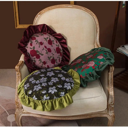 Removable Washable American Light Luxury Sofa Flower Pillow Homestay Round Cushion Retro Ruffle Edge Red Pillow  Throw Pillows