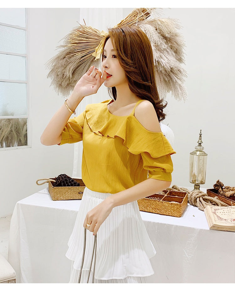 Women's Shirt Tops Fashion One-Shoulder Ruffles Short-sleeved Tops Chiffon Tops S-XXL
