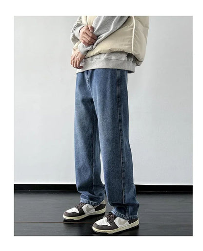 4 Colors Winter Fleece Men's Jeans Baggy Straight Elastic Waist Denim Pants Fashion Korean Thickened Warm Male Thermal Trousers