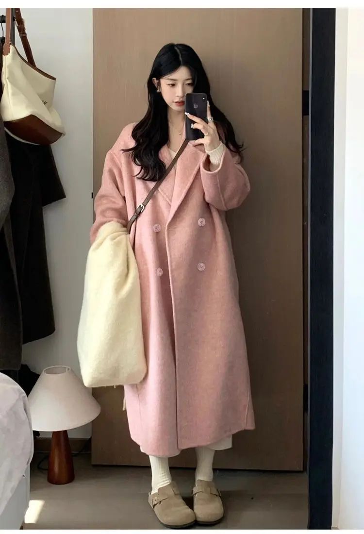 Oatmeal Color Woolen Coat Women's Loose Mid-Length Korean Style Autumn Winter New Arrival Fashion Outerwear Pure Color Full Slee