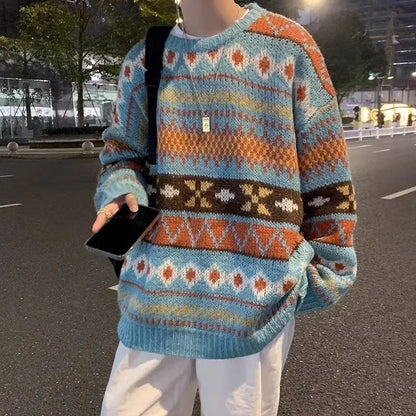 Japanese Vintage Sweater Men's Trendy Ethnic Striped Loose-Fit Knitted Top Casual Crew Neck Idle Style Couple Model Sweater