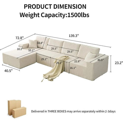 139.3" Luxury L-Shaped Modular Sofa – Corduroy Boneless Cloud Couch with Deep Seat, Movable Ottoman for Living Room