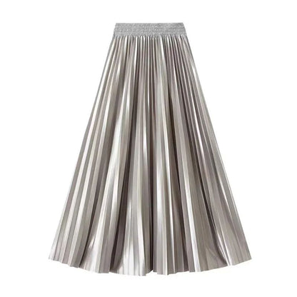 High Waist Satin Pleated Skirt 1 Meter Long Floor Length Pearl Glitter A- Line Umbrella Half Body Skirts Polyester Fiber