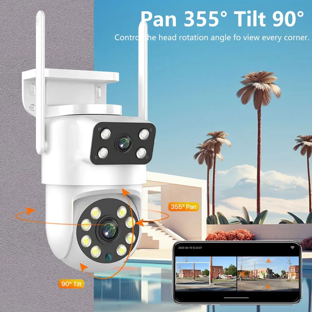 Câmera WIFI PTZ de Lente Dupla Tuya 4K 8MP para Exterior com Tela Dupla Ai Detecção Humana Automática Segurança com Alexa Google