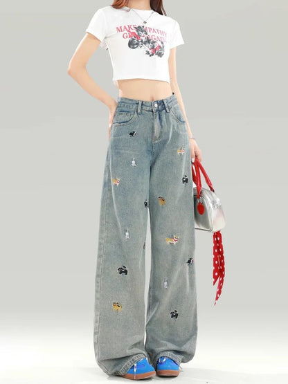 Plus Size Women's Black Dog Embroidery Loose Wide Leg Jeans High Waist Straight Cut Slimming Denim Pants Spring Autumn