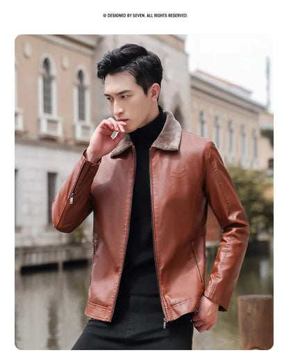 Trend Korean Slim Fit Casual Men's Leather Jacket Leather Jacket Busines Men's Fur Collar High Quality Fashion Motorcycle Jacket