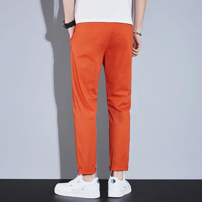 Casual Men Orange Loose Straight Business Pants Green Khaki Elastic Waist Trousers Soft Cotton Lyocell Fabric Korean Cargo Pants