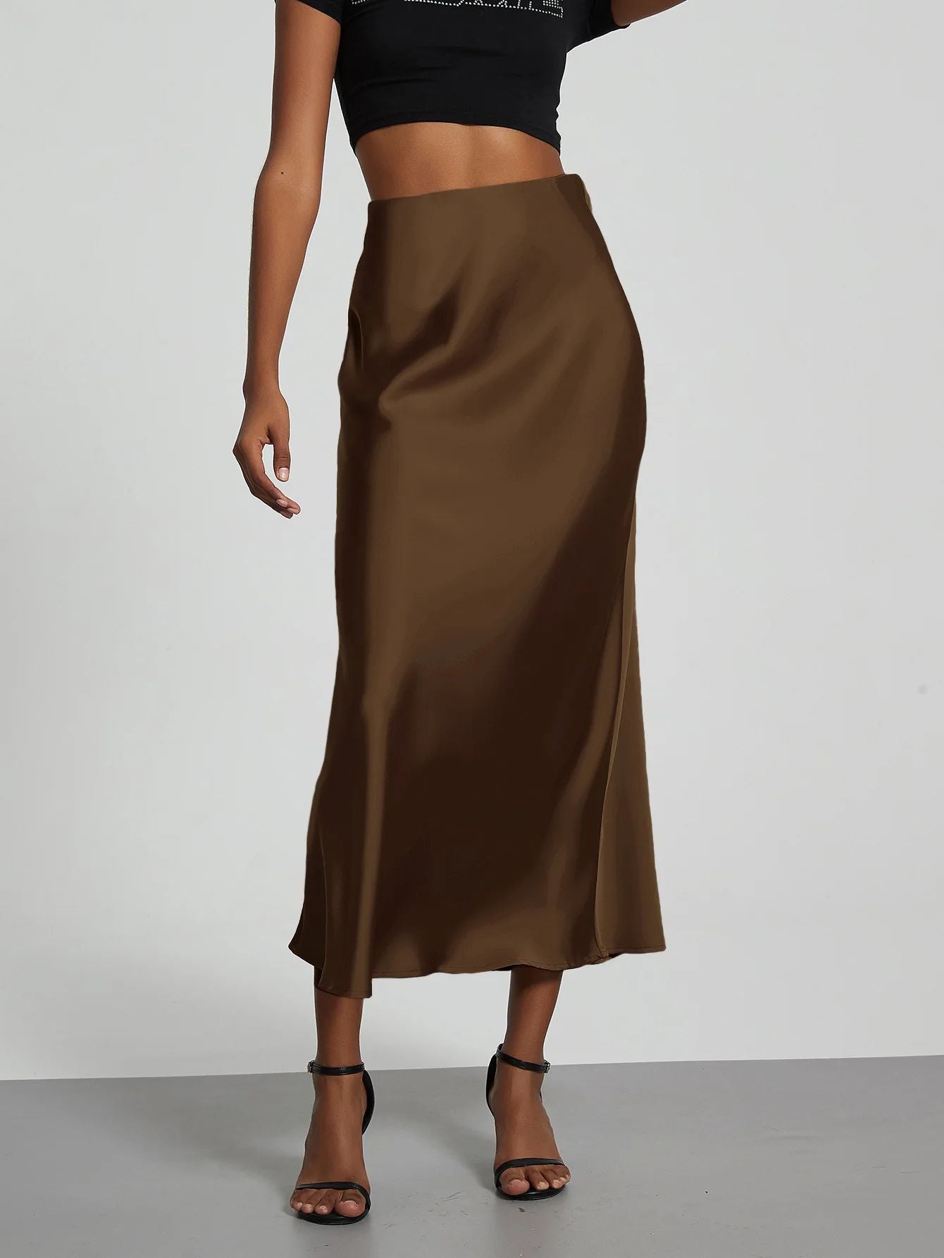 Elegant Fashionable European Style Women's Midi Skirt With Satin Texture Versatile Solid Color Bright Light Sensation Long Dress