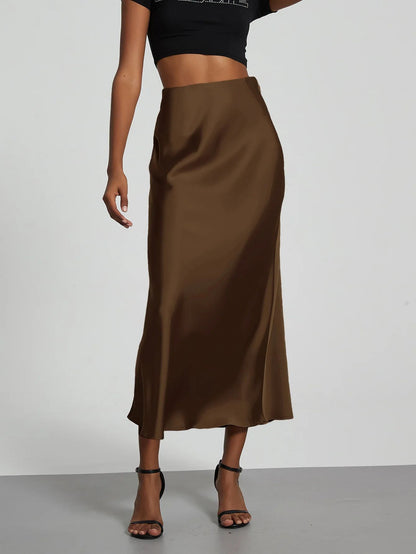 Elegant Fashionable European Style Women's Midi Skirt With Satin Texture Versatile Solid Color Bright Light Sensation Long Dress