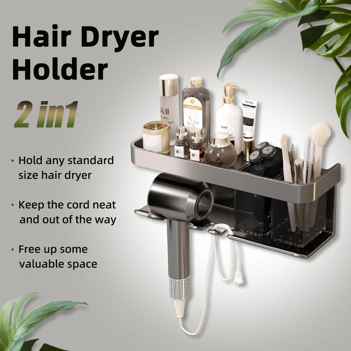Wall Mounted Hair Dryer Holder Storage Shelf Hairdryer Rack Organizer Bathroom Accessories No-Drilling Shower Shelf Aluminum