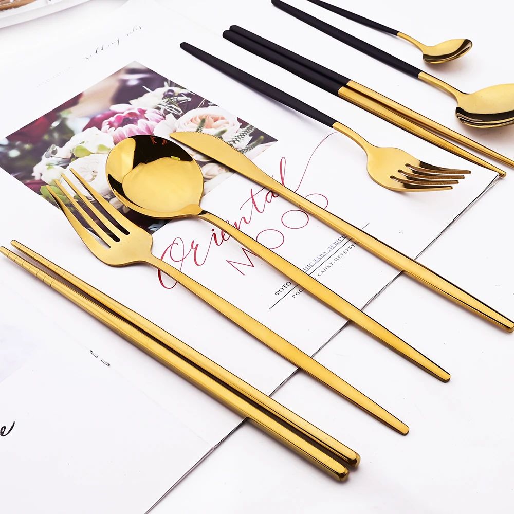 18Pcs Black Gold Dinnerware Dinner Spoons Chopsticks Cutlery Set Stainless Steel Tableware Sets Kitchen Home Silverware Set