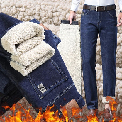 Calça Jeans Masculina de Lã Aveludada, Inverno, Forrada com Lã Grossa, Casual de Negócios, Reta, Jeans, Macia, Confortável, Térmica, Elástica, Calças Masculinas